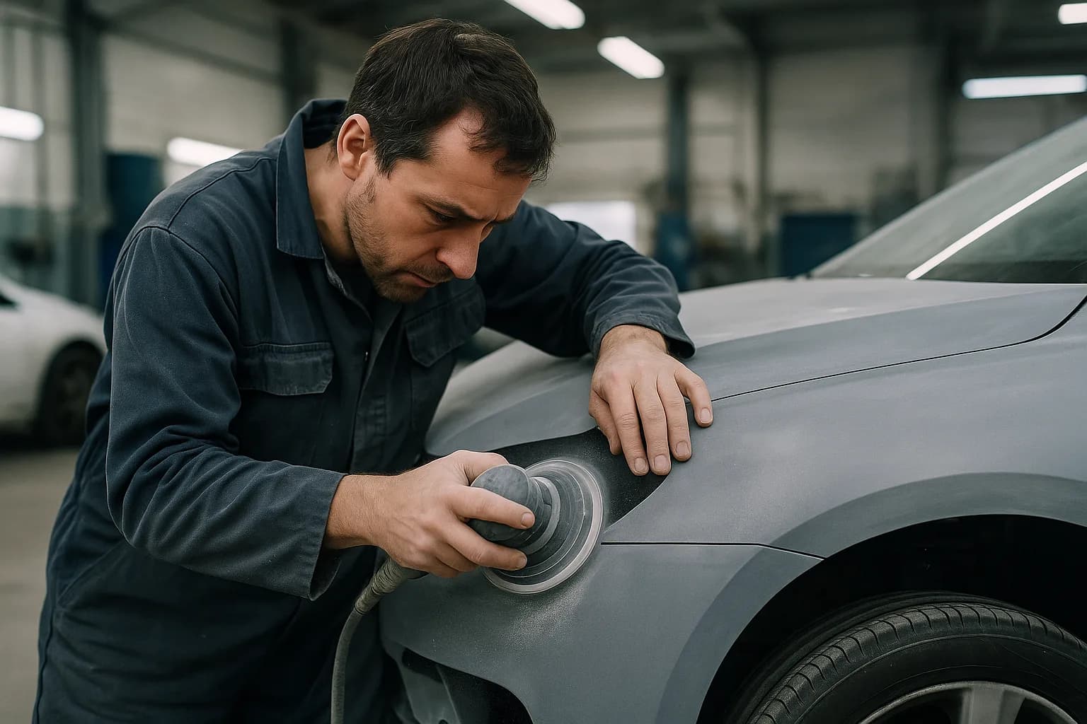 Carrossier redressant l'aile d'une voiture dans l'atelier Clinic'Kar