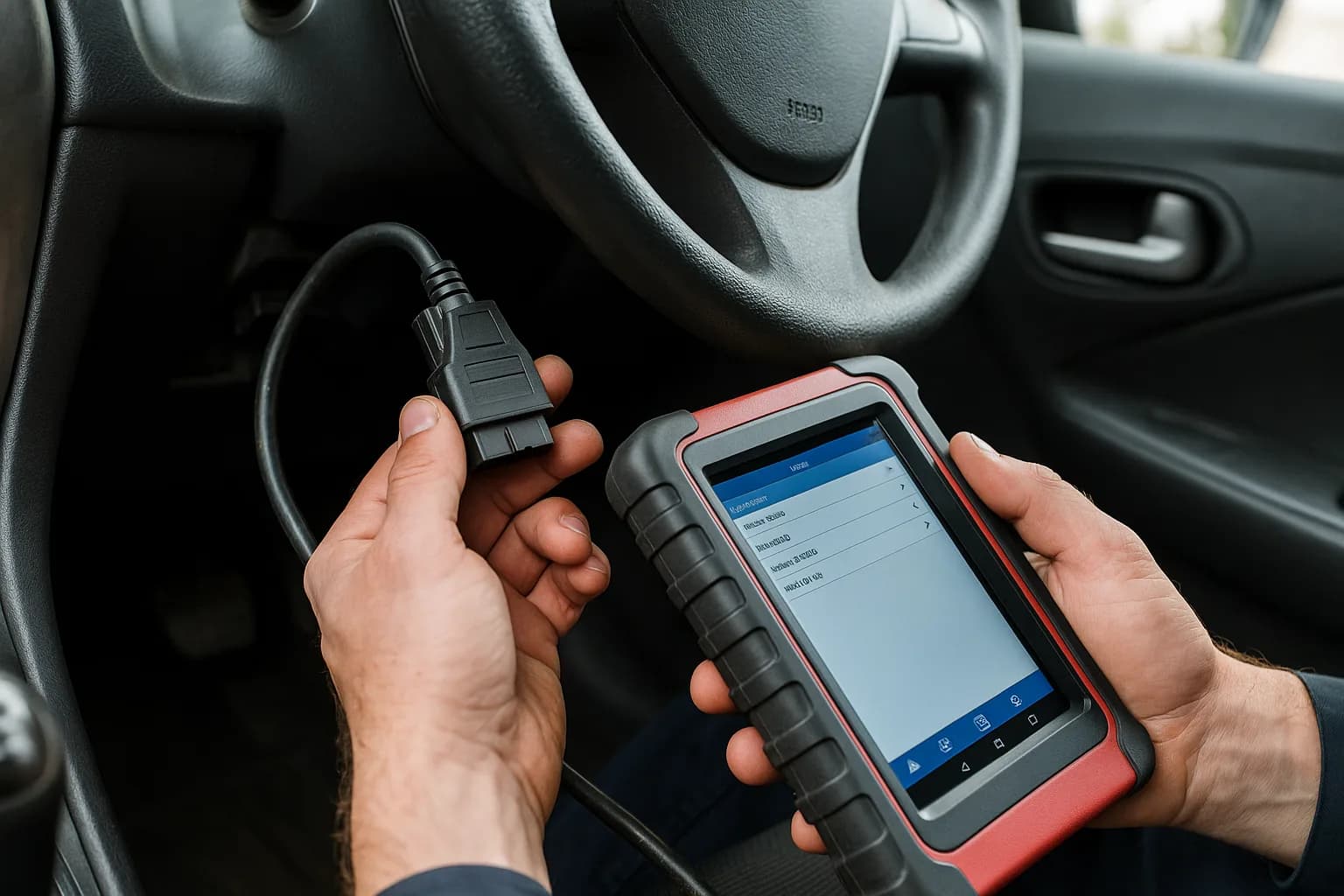 Valise de diagnostic branchée sur la prise OBD d'un véhicule chez Clinic'Kar