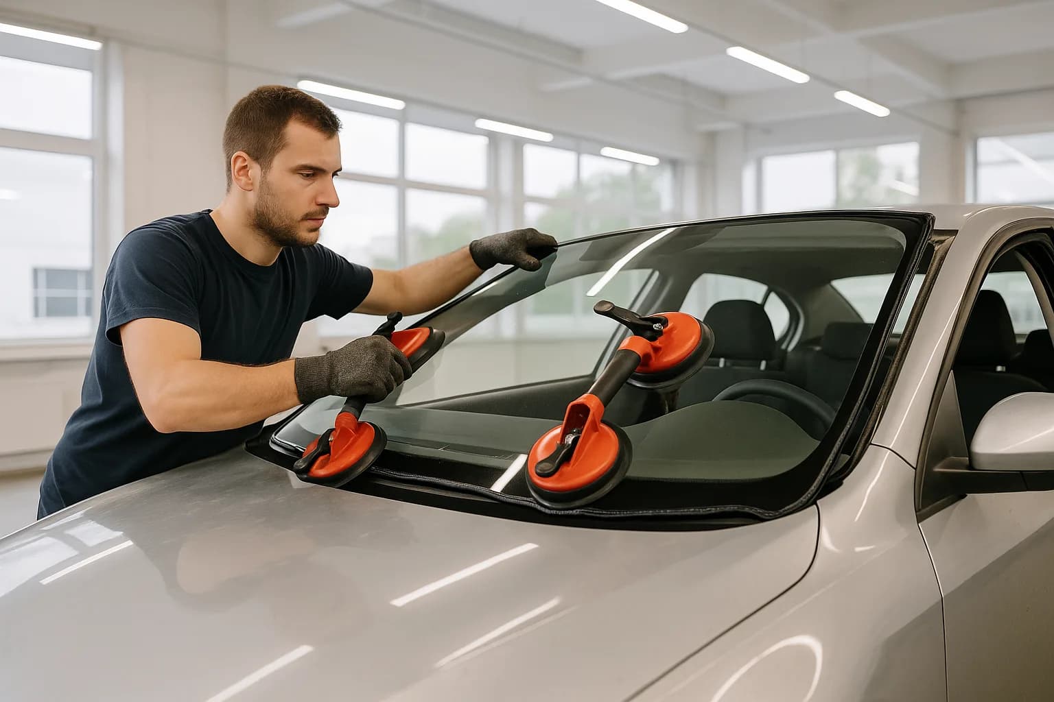 Technicien Clinic'Kar posant un pare-brise neuf sur une voiture
