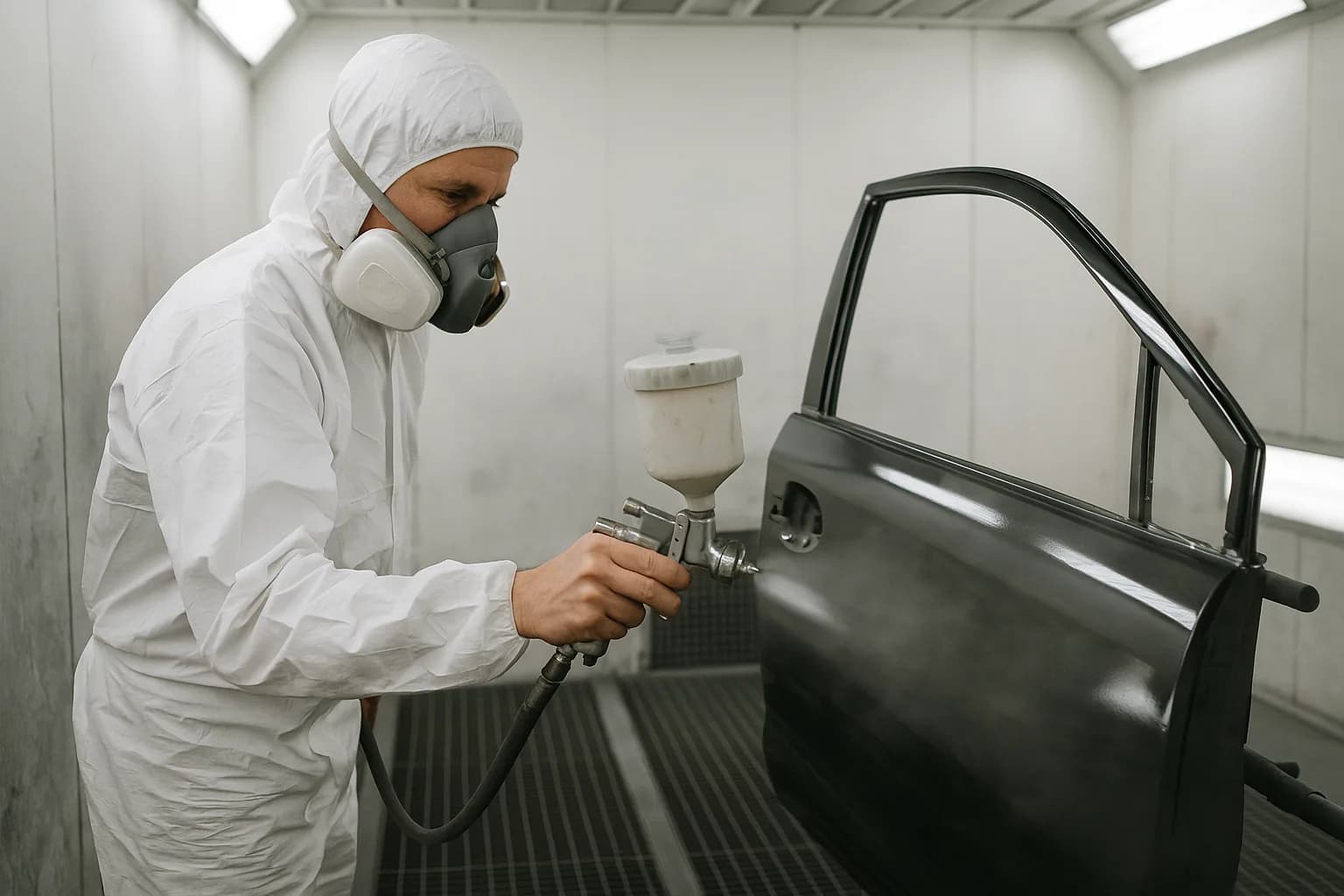 Peintre appliquant une peinture au pistolet sur une carrosserie en cabine
